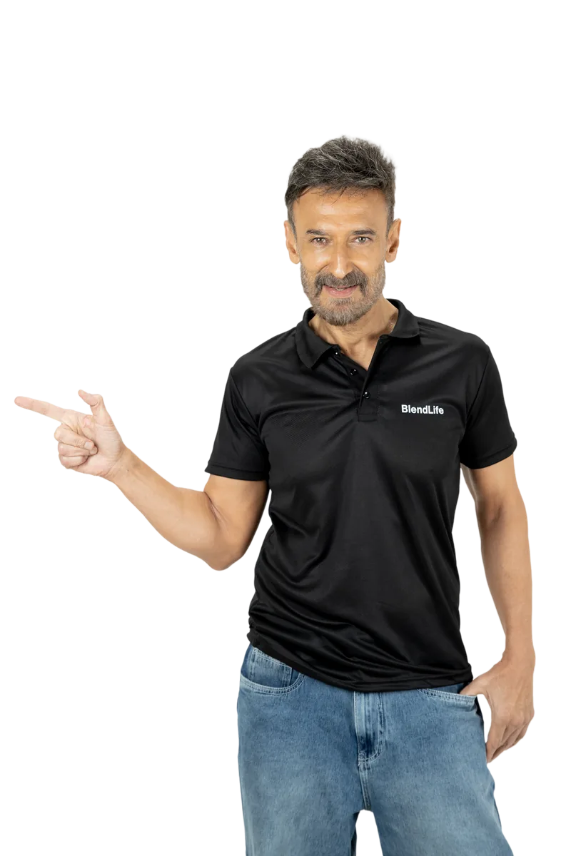 Actor and BlendLife brand partner Rahul Dev pointing towards the BlendLife story